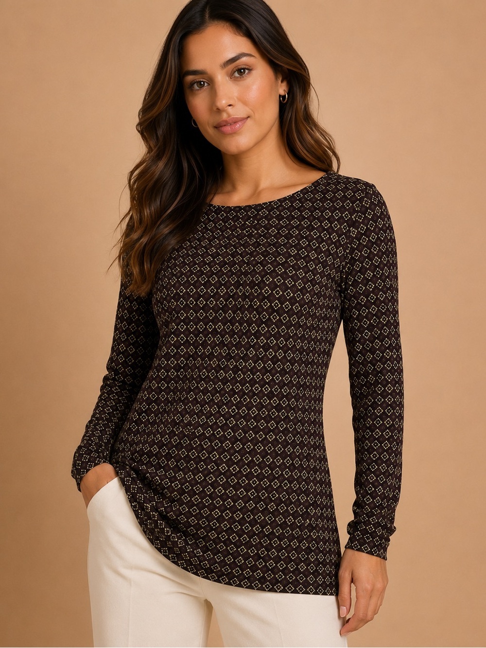 Ann Taylor Geometric Print Blouse | Burgundy Gold Career Office Top Small